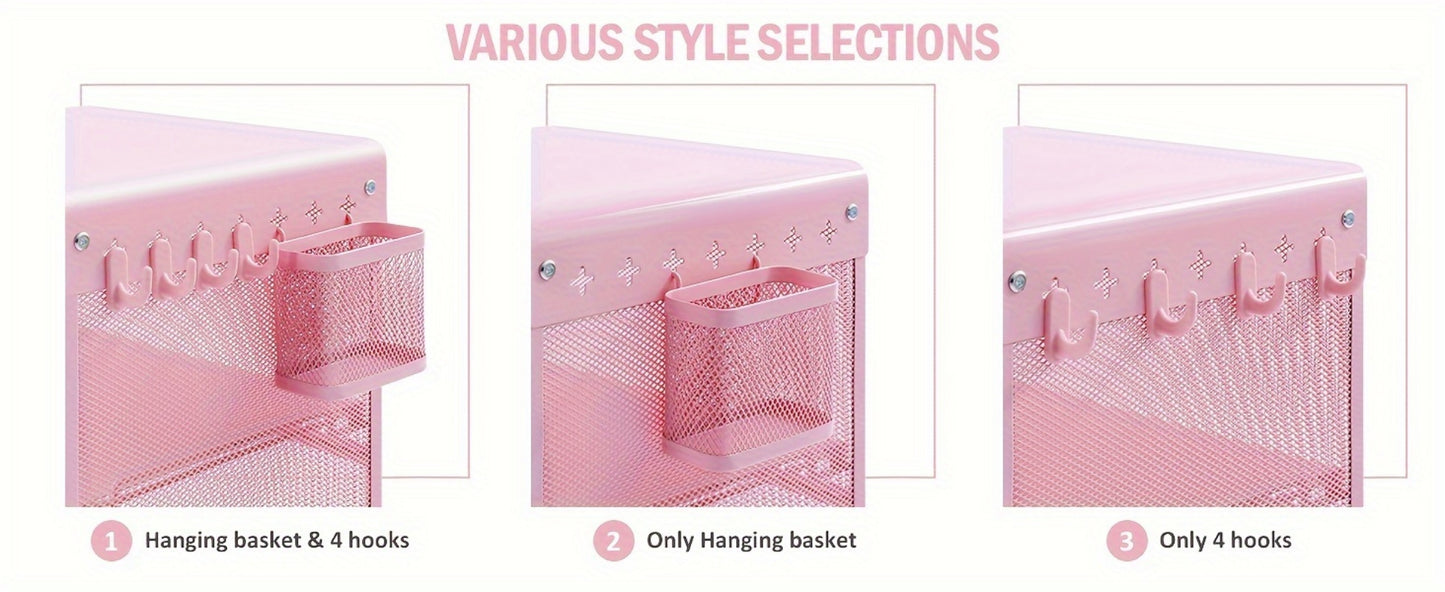 3-Tier Metal End Table with Hanging Basket & 4 Hooks - Nightstand Side Table for Bedroom, Living Room, Dorm, Apartment | Slim Sofa Table with Storage, Hooks & Open Shelves