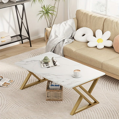 Faux Marble Coffee Table Rectangular with Sturdy Metal Frame, Modern Industrial Center Table for Living Room Bedroom Home Office