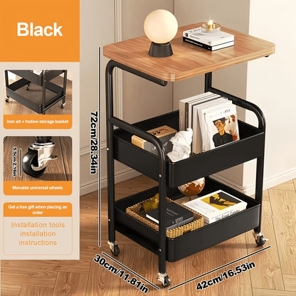 Metal Storage Rack with Solid Wood Tabletop And Wheels, Snack Storage Rack, Durable Steel Frame, Portable Wheels, Multi-layer Cart - for Office Storage And Organization In Bedroom, Kitchen, Bathroom, Office, And Dorm.