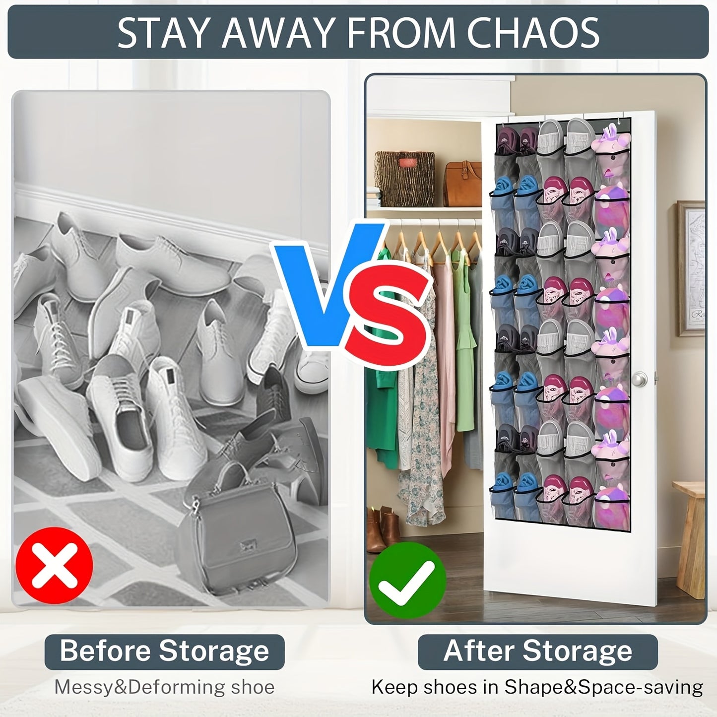 Shoe Organizer For Closet, Over The Door Shoe Organizer, 40 Large Breathable Mesh Pockets, Space Saving Hanging Storage Holder, 4 Hook Closet Rack Hanger, Hangs On Closets For Shoes, Accessories 76.4H X 26.4W.Shoe Rack Organizer