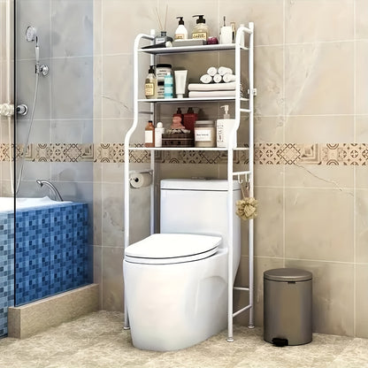 1pc Space-Saving Over The Toilet Storage Shelf, 3-Tier Freestanding Metal Frame Over-The-Toilet Storage Cabinet with Roll Paper Holder And Hooks, Easy Assembly No Drilling Required, for Toilet Washing Machine Small Bathrooms, White/Black