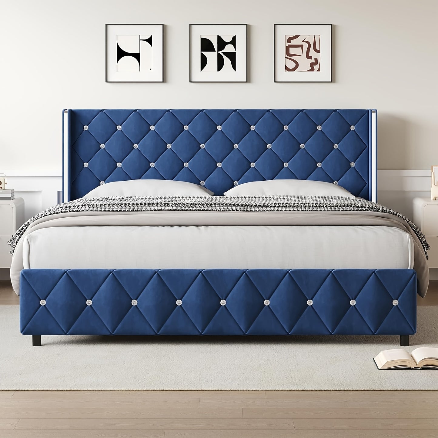 Diamond Tufted Bed Frame with Wingback Headboard & Silvery Side Wings – Upholstered, No Box Spring, Twin Full Queen King, 6 Colors