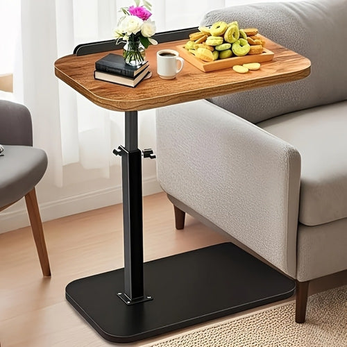 C-Shaped Lift Table with Adjustable Height and Cork Tabletop, Iron Frame Side Table for Sofa Bed Bathtub Outdoor, Coffee Table Laptop Desk for Living Room Bedroom Bathroom Office, Black or Walnut