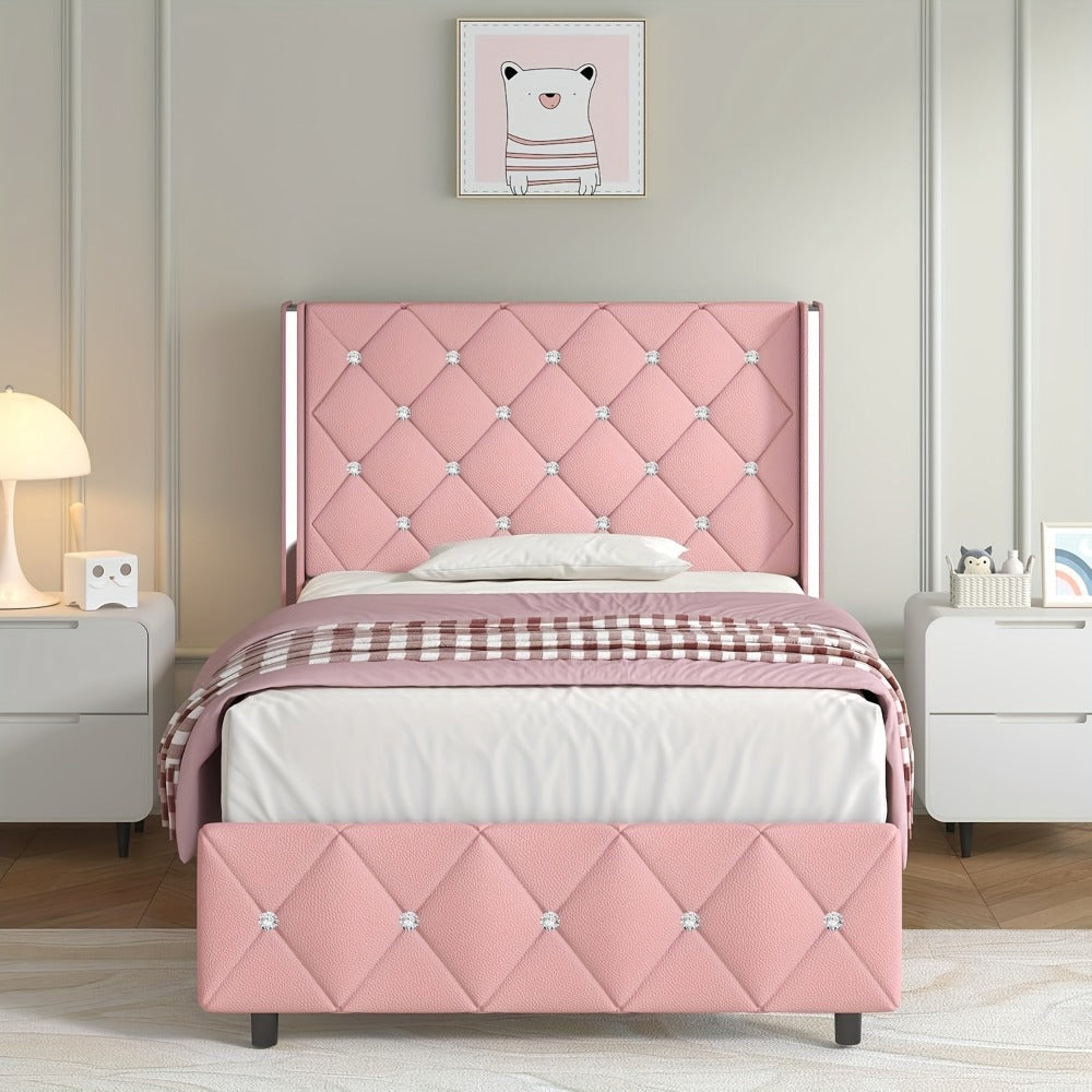 Diamond Tufted Bed Frame with Wingback Headboard & Silvery Side Wings – Upholstered, No Box Spring, Twin Full Queen King, 6 Colors