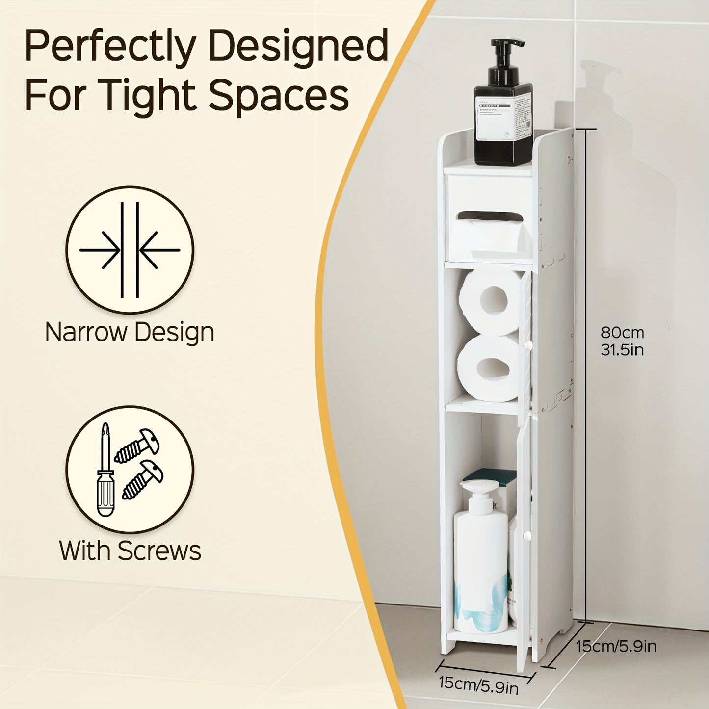Small Bathroom Storage Cabinet, Slim And Crafted PVC Organizer, Ideal for Tight Spaces, Easy to Assemble And Durable, Multi-Purpose Toilet Paper Holder Cabinet for Bathroom, Bedroom And Living Room, (8Mm Material Thickness)
