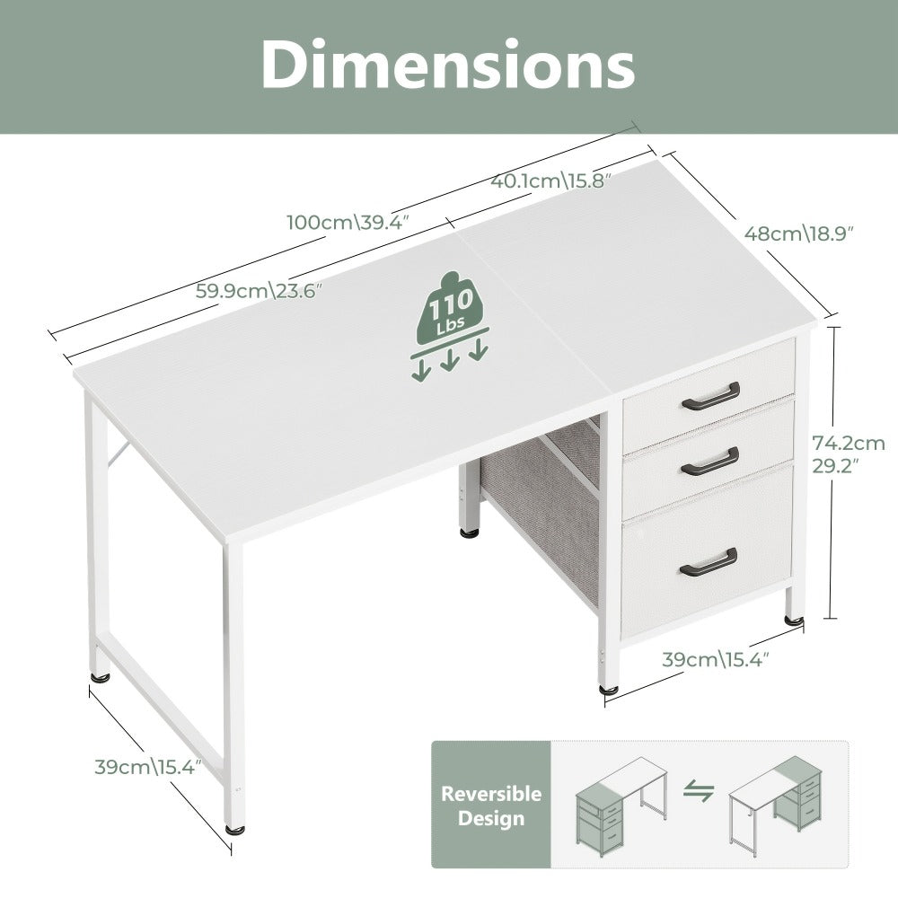 Computer Desk with 3 Fabric Drawers & Hook for Small Space – Home Office Writing Study Table with File Storage, 40"/48" White & Black Bedroom Desk