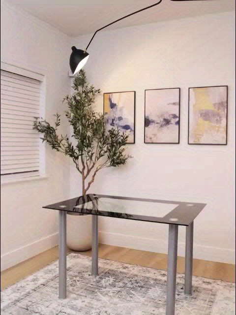 Easy Rectangular Dining Table, Black Edging Clear Glass Small Dining Table, 4-Seater Dining Table Composed of Stainless Steel Cylindrical Legs And Tempered Glass (Chairs Not Included)
