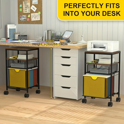 Rolling File Cart with Drawer for Hanging File Folders – Under Desk Office Cart with Paper Trays, Wood & Mesh 3-in-1 File Organizer, 14.8"L x 11.8"D x 27.7"H