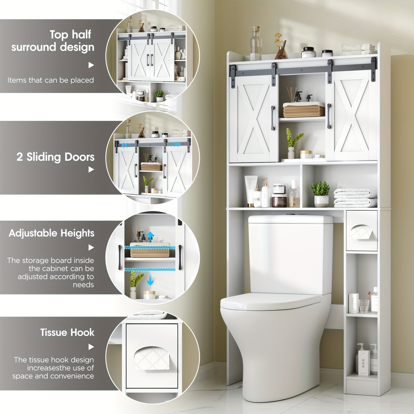 Over-The-Toilet Storage Cabinet with Toilet Paper Holder Stand - Space-Saving -Standing Bathroom Shelf, /Plywood Suitable for Bathroom, Restroom, Laundry Room, Modern with Assembly (No Wall-Mount)