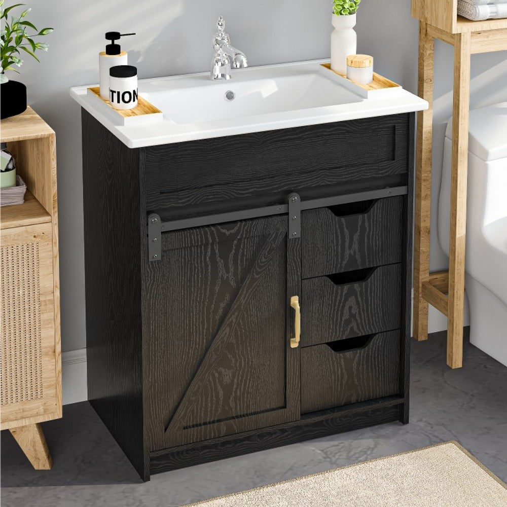 30 Inch Cottage Style Bathroom Vanity with Sink - Solid Wood Cabinet 3 Drawers Barn Door Sliding Shelf Ceramic Undermount Sink Modern Farmhouse Design