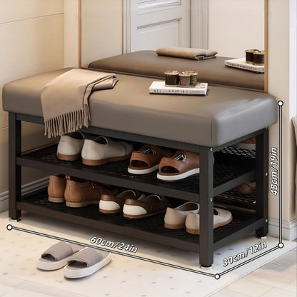 Entryway Shoe Bench with Cushion and Storage Rack, Metal Frame Shoe Changing Stool with Multi-Compartment Organizer for Foyer Bedroom, 24 or 32 Inch, Grey Orange