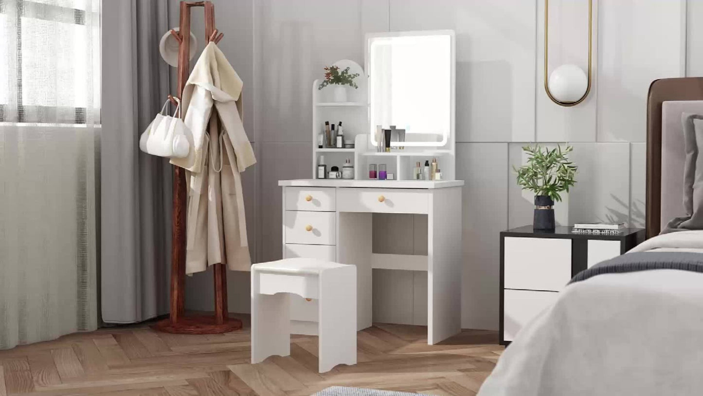 Vanity Desk Set with Large Mirror 5 Drawers Cushioned Stool and Storage Shelves 55 Inch Tall 70 Lbs Capacity Makeup Dressing Table with LED Light Option White Black