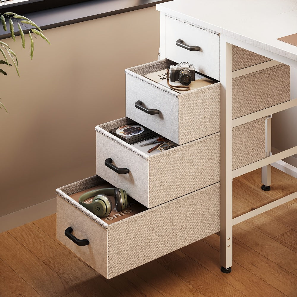 40" Small Desk with 4 Fabric Drawers – Reversible Study Table for Students, Compact Work Desk for Bedroom, Dorm & Small Spaces, White or Black
