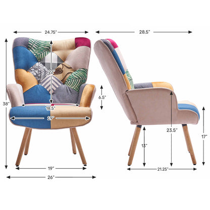 Patchwork Accent Chair High Back Armchair with Memory Foam Cushion & Hardwood Legs – 330 lbs Capacity Linen Upholstered Reading Chair for Living Room Bedroom Home Office, 6 Colors