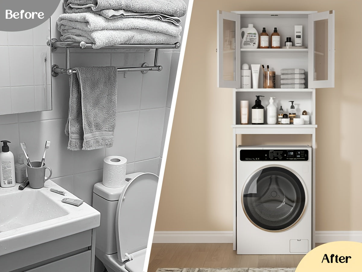 Bathroom Storage Over The Toilet, Bathroom Cabinet Organizer with Adjustable Shelves And Double Glass Doors, Wood Bathroom Space Saver