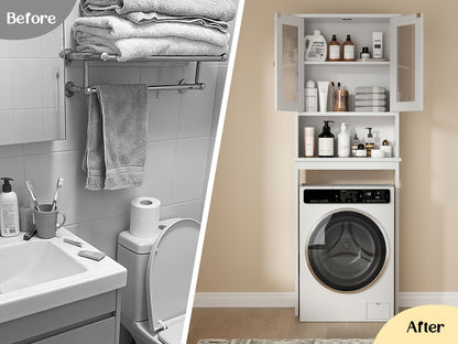 Bathroom Storage Over The Toilet, Bathroom Cabinet Organizer with Adjustable Shelves And Double Glass Doors, Wood Bathroom Space Saver