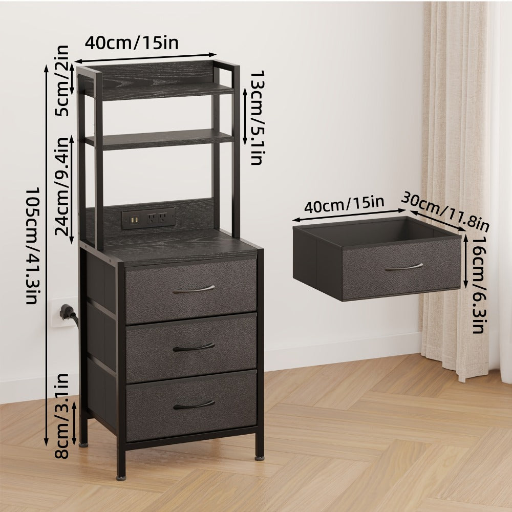 LED Nightstand with USB Ports Outlets Charging Station 41 47 Inch Tall Bedside Table 3 4 Drawer PU Fabric Storage Cabinet End Table for Bedroom Apartment Dorm Black Brown White