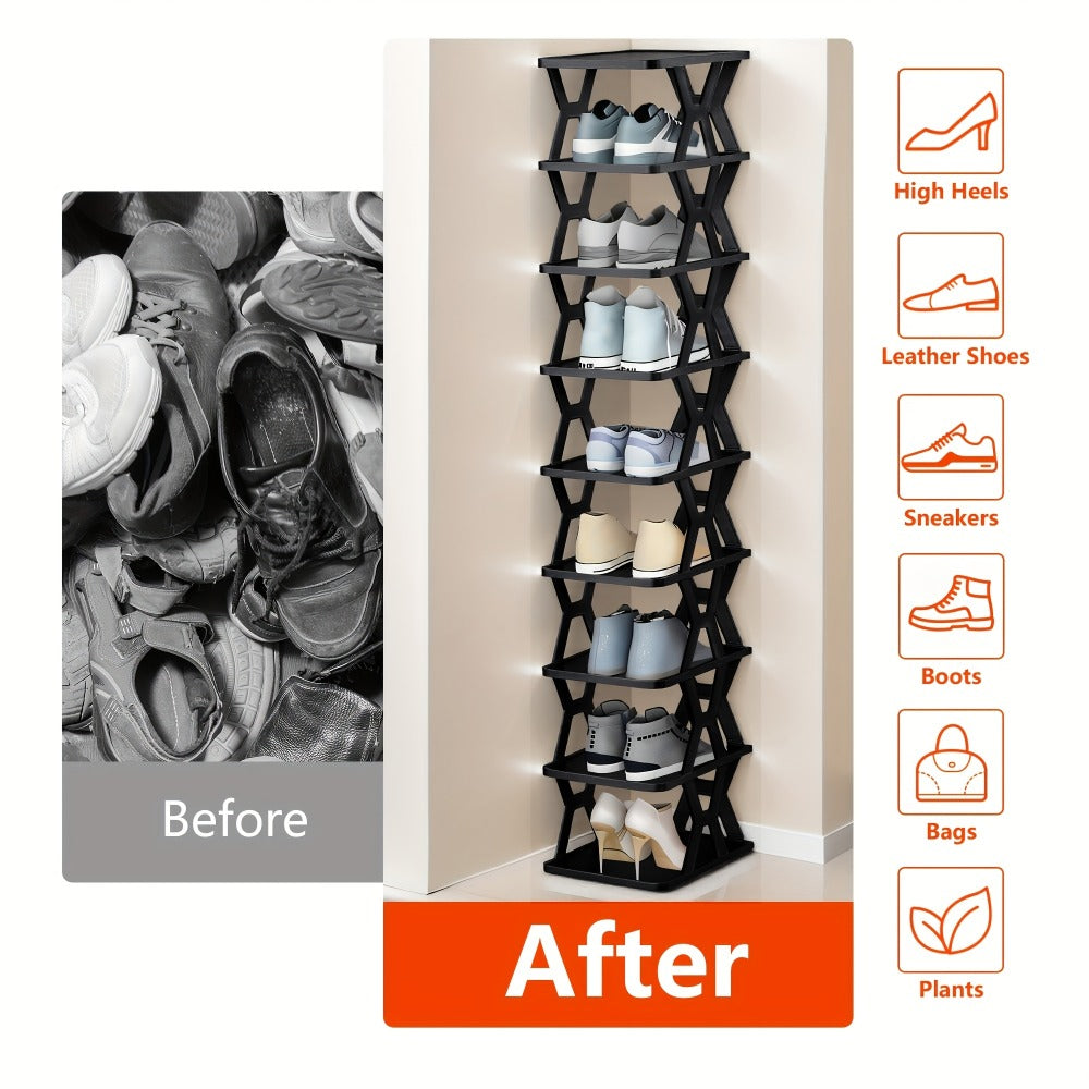 Stackable Shoe Organizer Rack 6 or 9 Tier Vertical Plastic Shoe Rack with Shoe Horn for Closet Hallway Entryway Bathroom Dorm Space Saving White Black