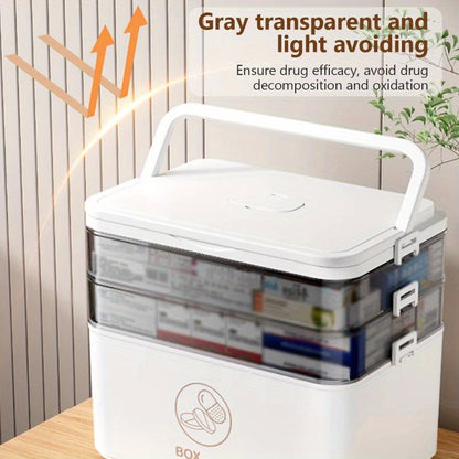 Home Bathroom Travel Multi-Layer Large Capacity Medicine Storage Box, Bathroom Storage with Portable Pill Box, Durable Adjustable Dividers, Moisture-Proof Cover, Safety Handle, Convenient to Organize Pills, Vitamins And Supplements (White)