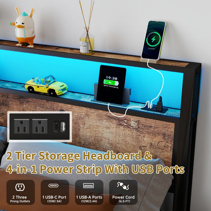 LED Bed Frame with Storage Headboard Charging Station 12 Color Lights Under Bed Storage No Box Spring Full Queen King