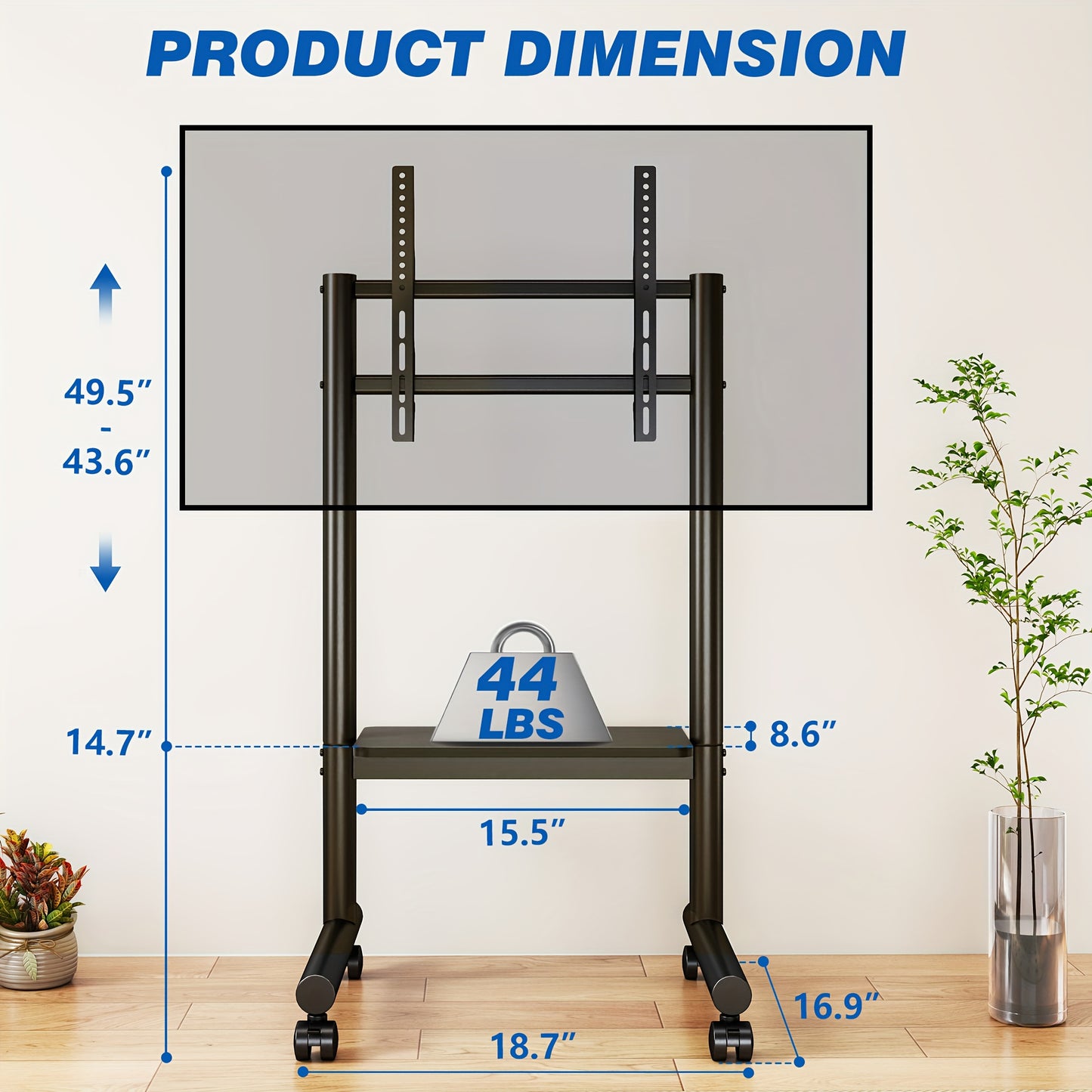 Universal Mobile TV Stand: Height-Adjustable Rolling Cart For 40-75 Inch TVs Up To 110lbs With Storage Shelf, Max VESA 400x400mm For Indoor/Outdoor Use.C
