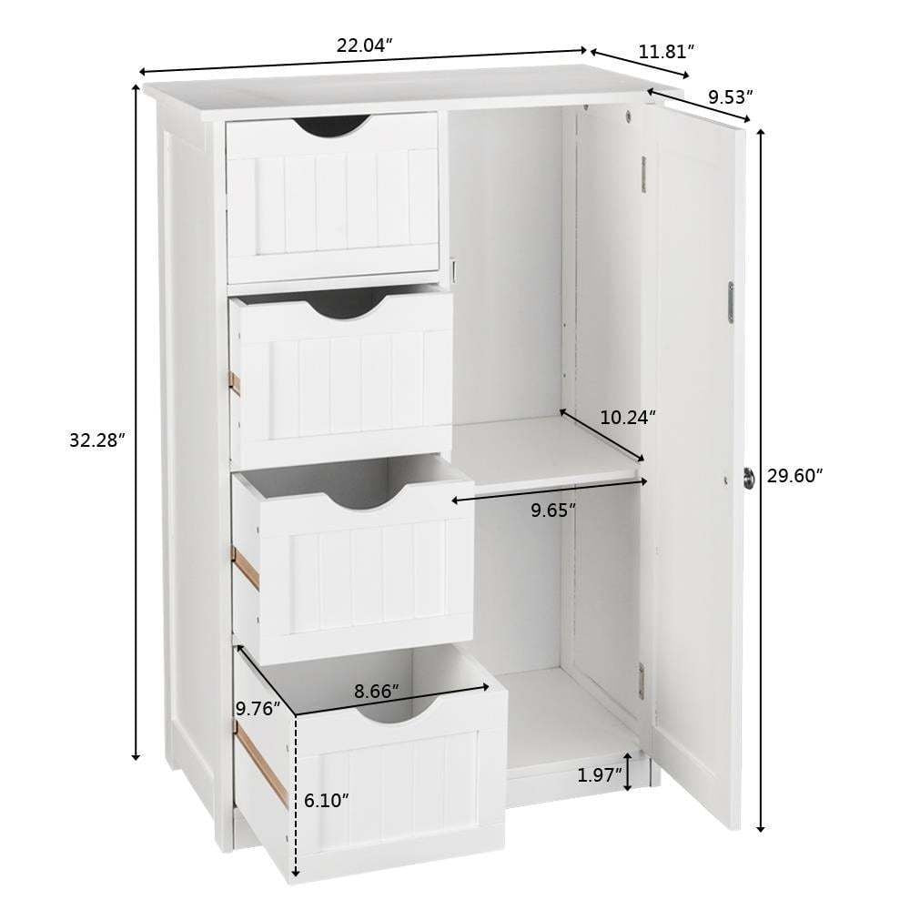 Bathroom Floor Cabinet with 4 Drawers & Cupboard, Side Storage Organizer with 2 Open Shelves, Freestanding Bathroom Vanity Cabinet for Small Spaces, White
