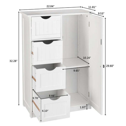 Bathroom Floor Cabinet with 4 Drawers & Cupboard, Side Storage Organizer with 2 Open Shelves, Freestanding Bathroom Vanity Cabinet for Small Spaces, White