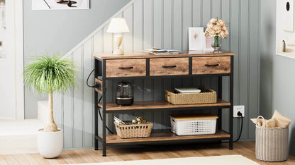 3-Tier Console Table with Charging Station, Entryway Table with Storage Drawers And Open Shelves, Narrow Sofa Table with USB Ports And Outlets, Adjustable Feet, And Modern Design for Hallways, Living Rooms, And Small Spaces
