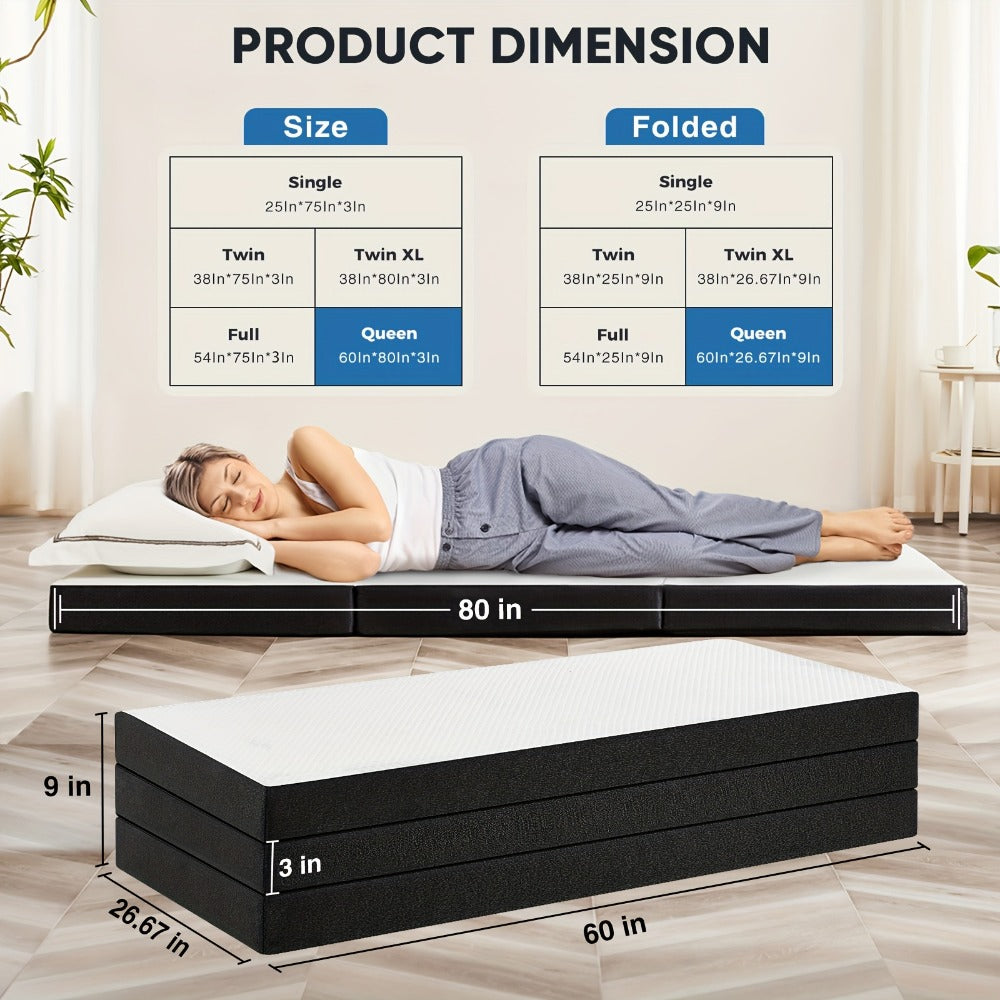 Tri-Fold Mattress Portable Folding Memory Foam Floor Mat with Washable Cover for Camping Guest Room Sleepover Kids Nap