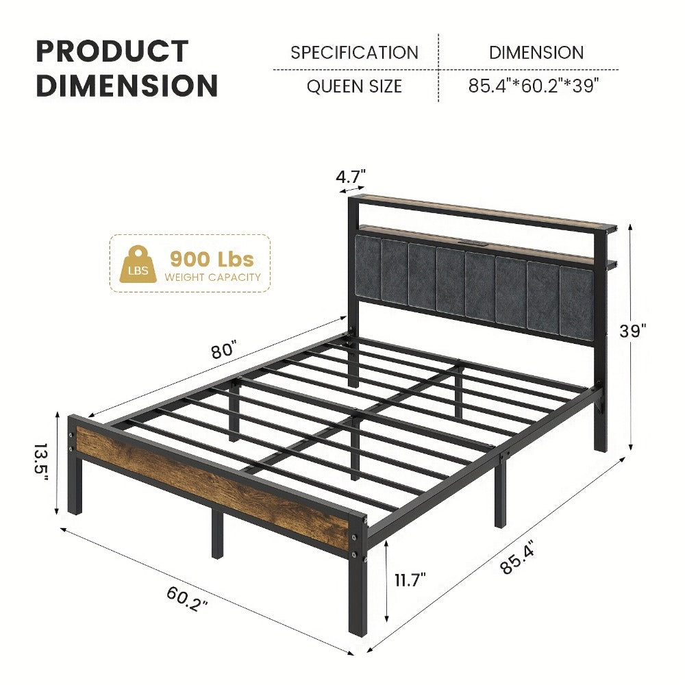 Metal Platform Bed Frame with LED Headboard & Type-C Charging Station – 2-Tier Storage, No Box Spring Needed, Twin Full Queen King