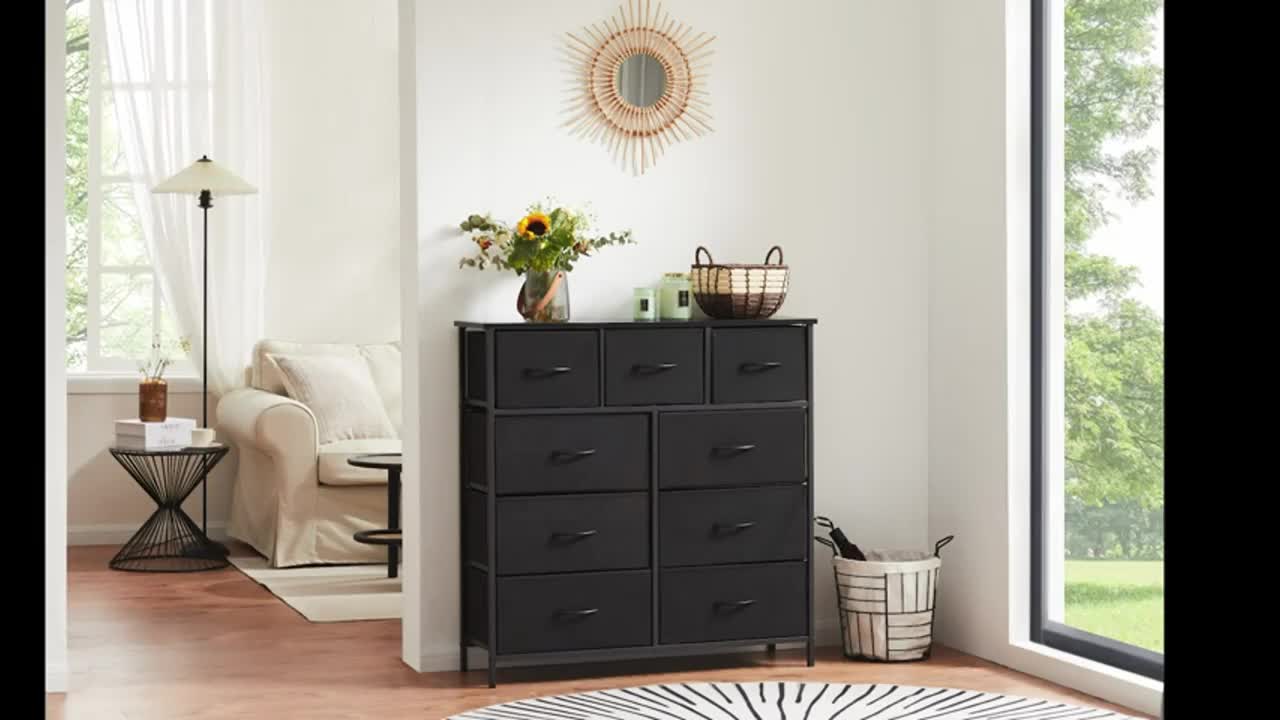 9 Drawer Fabric Dresser with Bins Tall Chest Organizer for Bedroom Closet Hallway Steel Frame Wood Top Easy Pull Handles