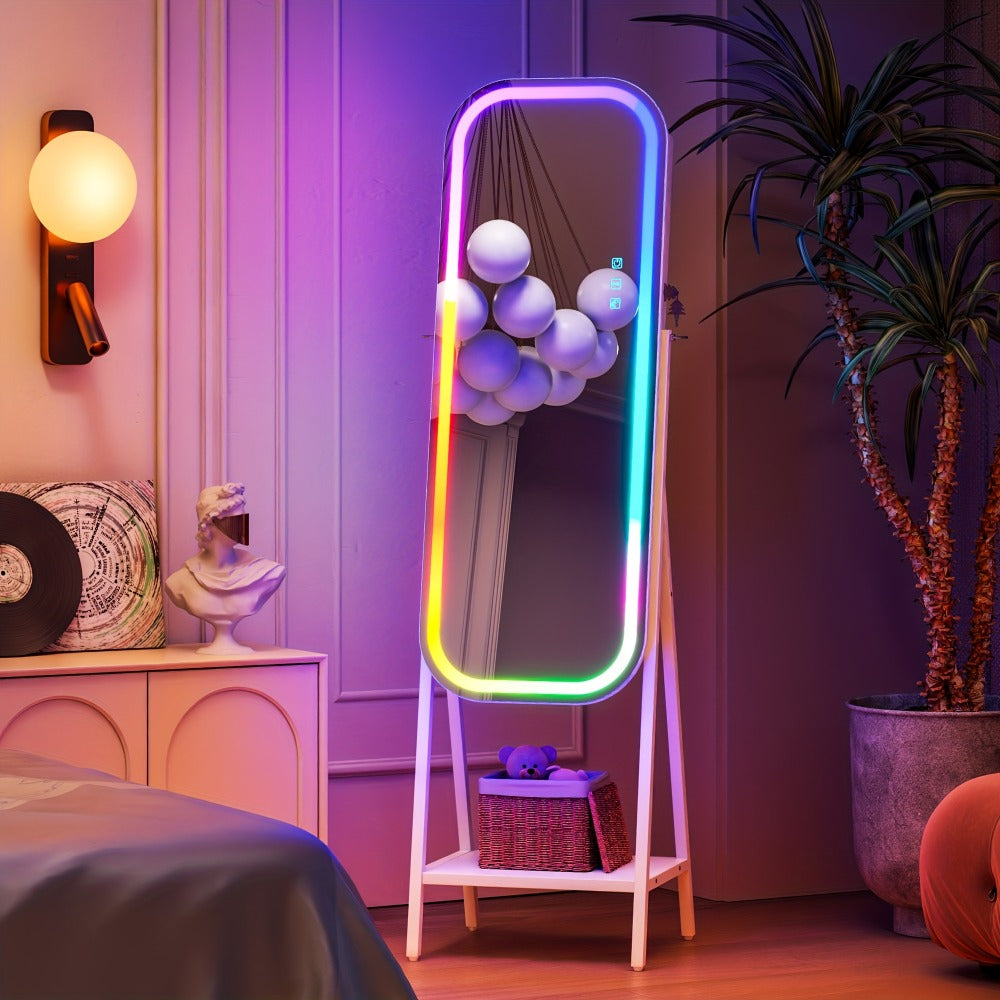 LED Jewelry Cabinet with Mirror Lockable Arched Floor Standing or Wall Hanging Jewelry Organizer for Necklaces Rings Earrings – USB Powered RGB Lights, White