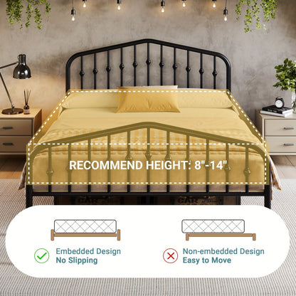 Queen Size Victorian Platform Bed Frame with Wrought Iron Headboard & Footboard – 14" Tall, No Box Spring Needed, Heavy-Duty Steel Slat Support, Elegant Antique Style Bedroom Furniture