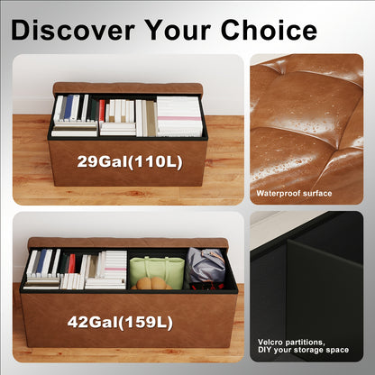 43-Inch Storage Pull-out Ottoman Bench with Hidden Compartment - Heavy-Duty Folding Stool, Soft Synthetic Leather Upholstery, Space-Saving Multi-Functional Footrest for Living Room, Bedroom, Office - 880 Weight Capacity