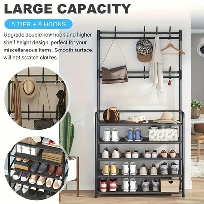 5-Tier Multi-Purpose Shoe Rack & Coat Metal Rack with 10 Dual Hooks - Space-saving Storage Solution for Entrances, Living Rooms, Bathrooms and Hallways - Individual Entrance Shoe Racks Provide Ample Storage Space.