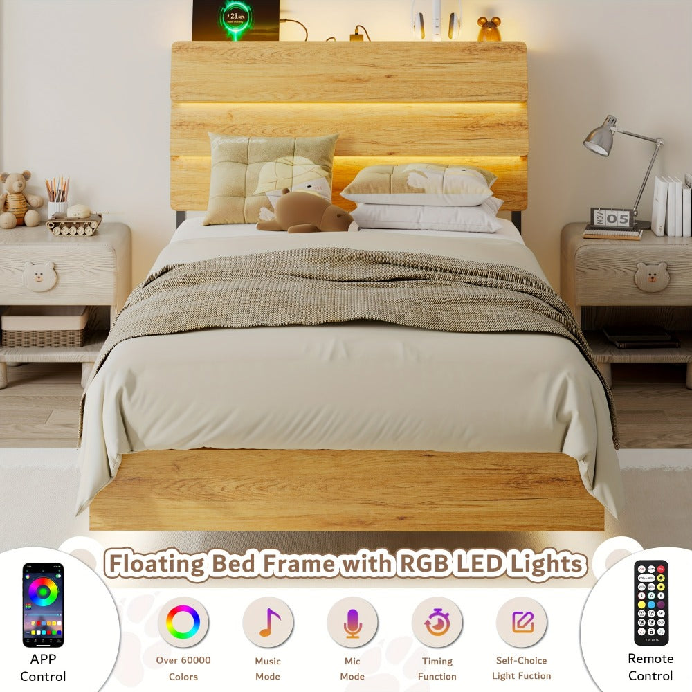 Floating Bed Frame with LED Lights Built-In Charging Station Wooden Headboard Heavy-Duty Metal Support Easy Assembly Bedroom Furniture
