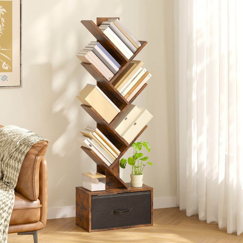 6-Tier Tree Shaped Bookshelf with Drawer – Rustic Brown Wood Book Storage Shelf for Living Room, Bedroom & Home Decor, Freestanding Display Organizer for Books, CDs & Movies