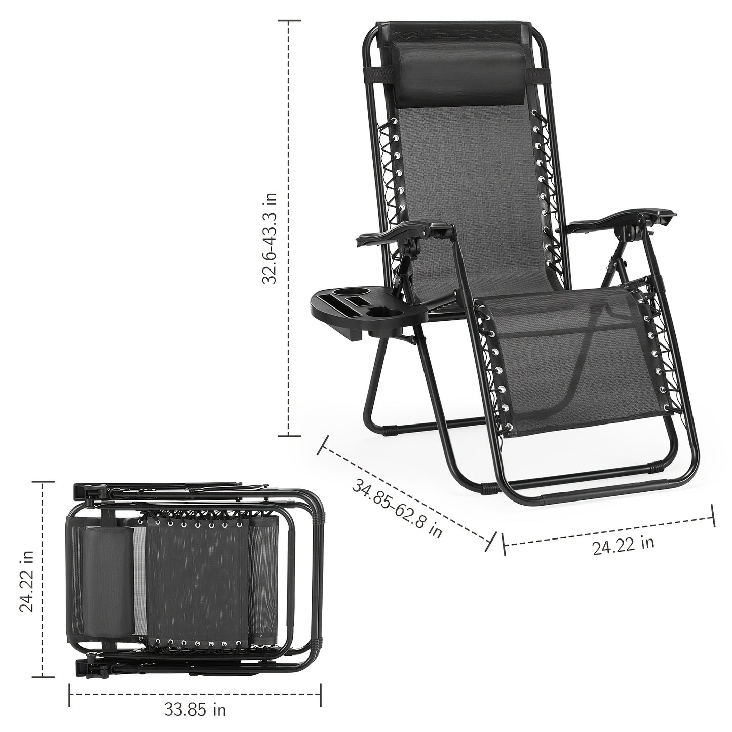 2pcs Zero Gravity Chairs, Outdoor Folding Recliner Lounge Chair, Breathable Fabric Adjustable Reclining Patio Chair With Cup Holder Trays & Headrest Pillow For Beach Camping Poolside Backyard Garden Lawn
