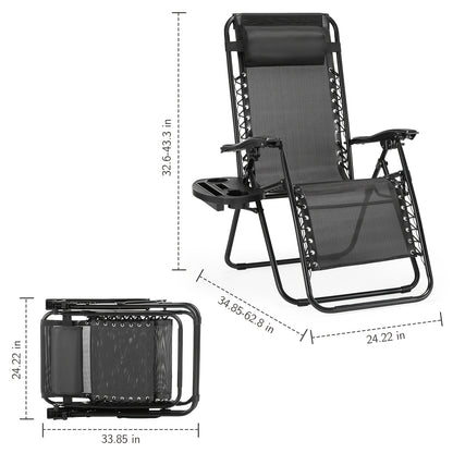 2pcs Zero Gravity Chairs, Outdoor Folding Recliner Lounge Chair, Breathable Fabric Adjustable Reclining Patio Chair With Cup Holder Trays & Headrest Pillow For Beach Camping Poolside Backyard Garden Lawn