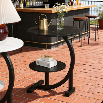 14 Inch Round Metal Solid Wood Arc Side Table with Double Layer Storage Shelf - Modern Garden Side Table - Durable Metal Coffee Table for Terrace, Camping, Balcony Or Outdoor Space, Space-Saving Design, Sturdy Base, Garden Table, Garden Furniture