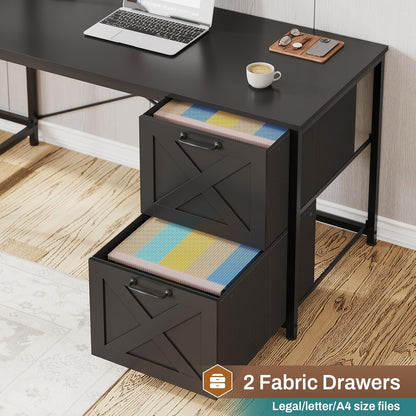 L-shaped Desk with Drawers, 62.2-inch Home Office Desk Featuring Fabric File Drawers and Power Outlets, L-shaped Desk with Storage Cabinet, Storage Shelf, LED Light