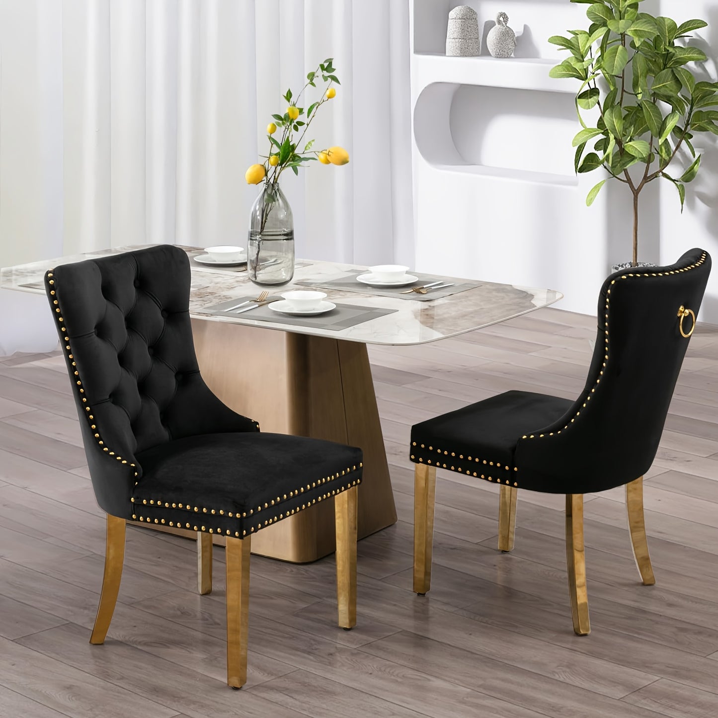 Solid Wood Velvet Upholstered Dining Chair, Modern Design Quilted Dining Chair with Nail Head Accent And Solid Gold Plated Legs, Set of 2 for Kitchen, Living Room, Apartment