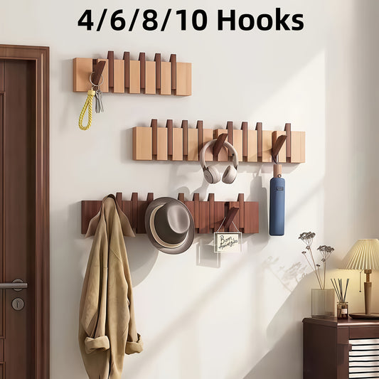 1pc Natural Wood Wall-Mounted Coat Rack with 10 Hooks - Piano-Shaped Accordion Design, Walnut Finish, Space-Saving Vertical Storage for Entryway, Bedroom, Bathroom - Easy Assembly, No Batteries/Electricity, Durable Multi-Purpose Organizer for Coats, Hats,