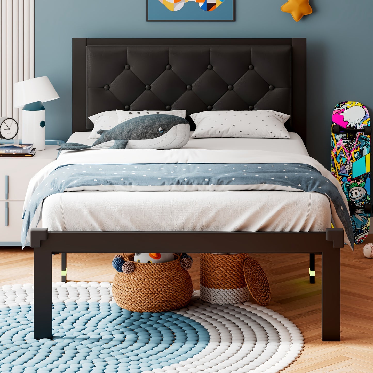 Metal Bed Structure, Platform Style with a Button-Tufted Headboard, Featuring 12 Inches of Space Underneath, Supported by Steel Slats, And Designed for Easy Assembly
