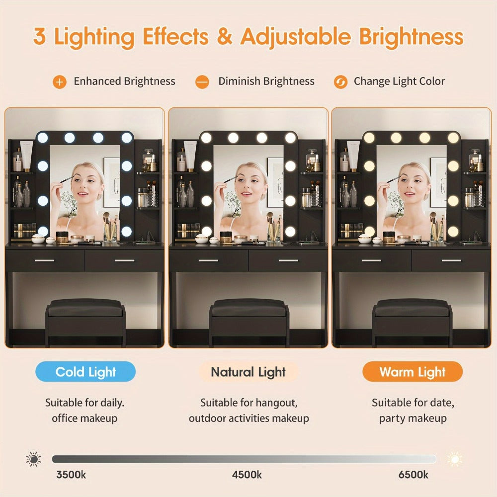 LED Vanity Desk with Lighted Mirror & Stool – 6-Drawer Makeup Dressing Table with 10+ LED Strip Lights | Plug-and-Play Modern Vanity for Bedroom, Dorm & Beauty Salon