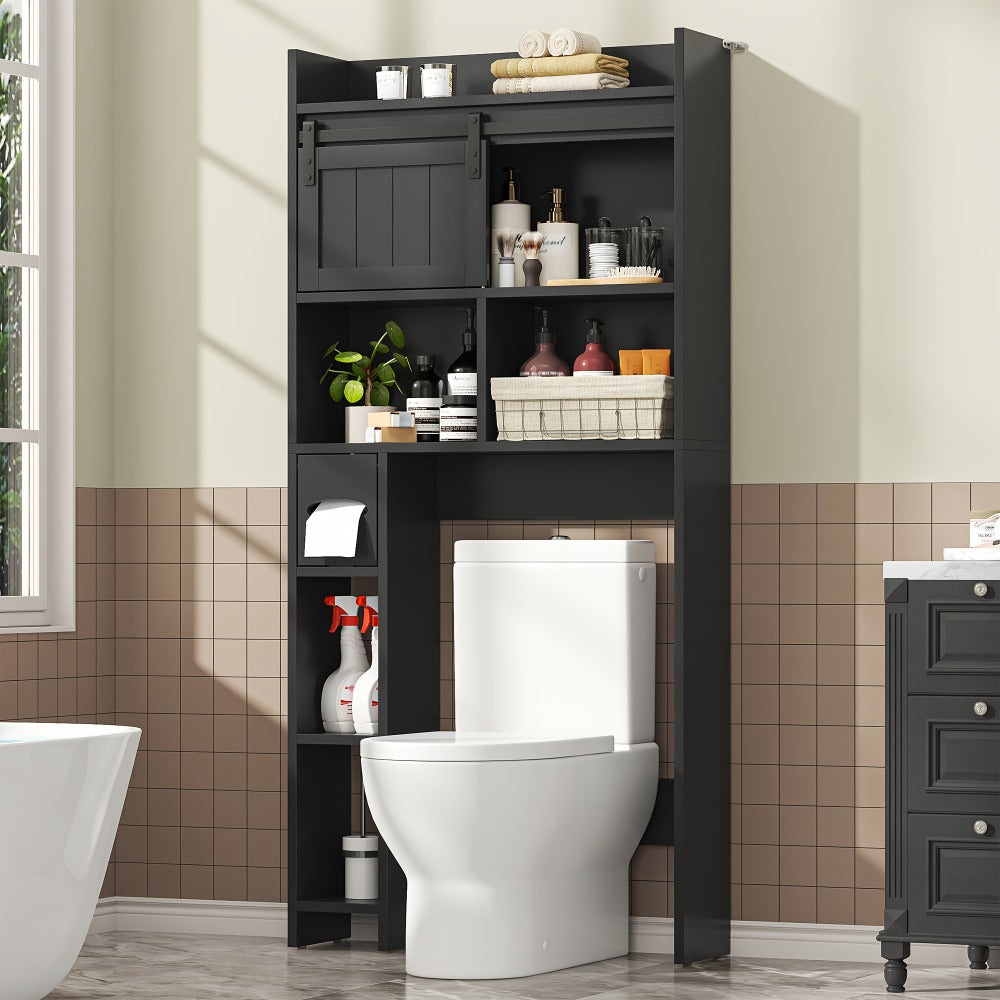 Over The Toilet Storage Cabinet with Sliding Door & Toilet Paper Holder Stand - Space-Saving Bathroom Organizer with Upper Shelf, Lower Storage & Door Storage, Freestanding Floor Cabinet for Bathroom, Restroom - Easy Assembly, No Tools Required, Modern Bl