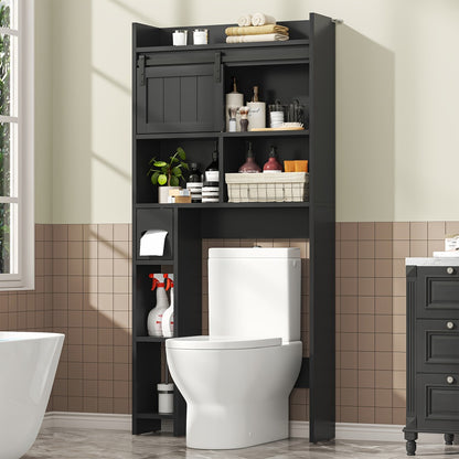 Over The Toilet Storage Cabinet with Sliding Door & Toilet Paper Holder Stand - Space-Saving Bathroom Organizer with Upper Shelf, Lower Storage & Door Storage, Freestanding Floor Cabinet for Bathroom, Restroom - Easy Assembly, No Tools Required, Modern Bl