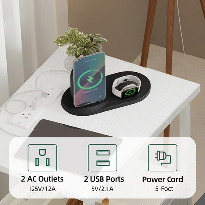TOMNK Bedside Cabinet with Charging Station, LED Nightstand with USB Ports and Outlets, 1/2 Fabric Storage Drawer with PU Coating, Side Table, Heavy-Duty Nightstand, Suitable for Home, School, and Dorm Storage, Black, White, and Brown