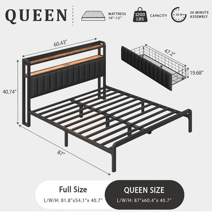 Storage Bed Frame with 2-Tier Headboard & Hidden Drawers – Metal Platform, 12" Under-Bed Space, Full/Queen, Black