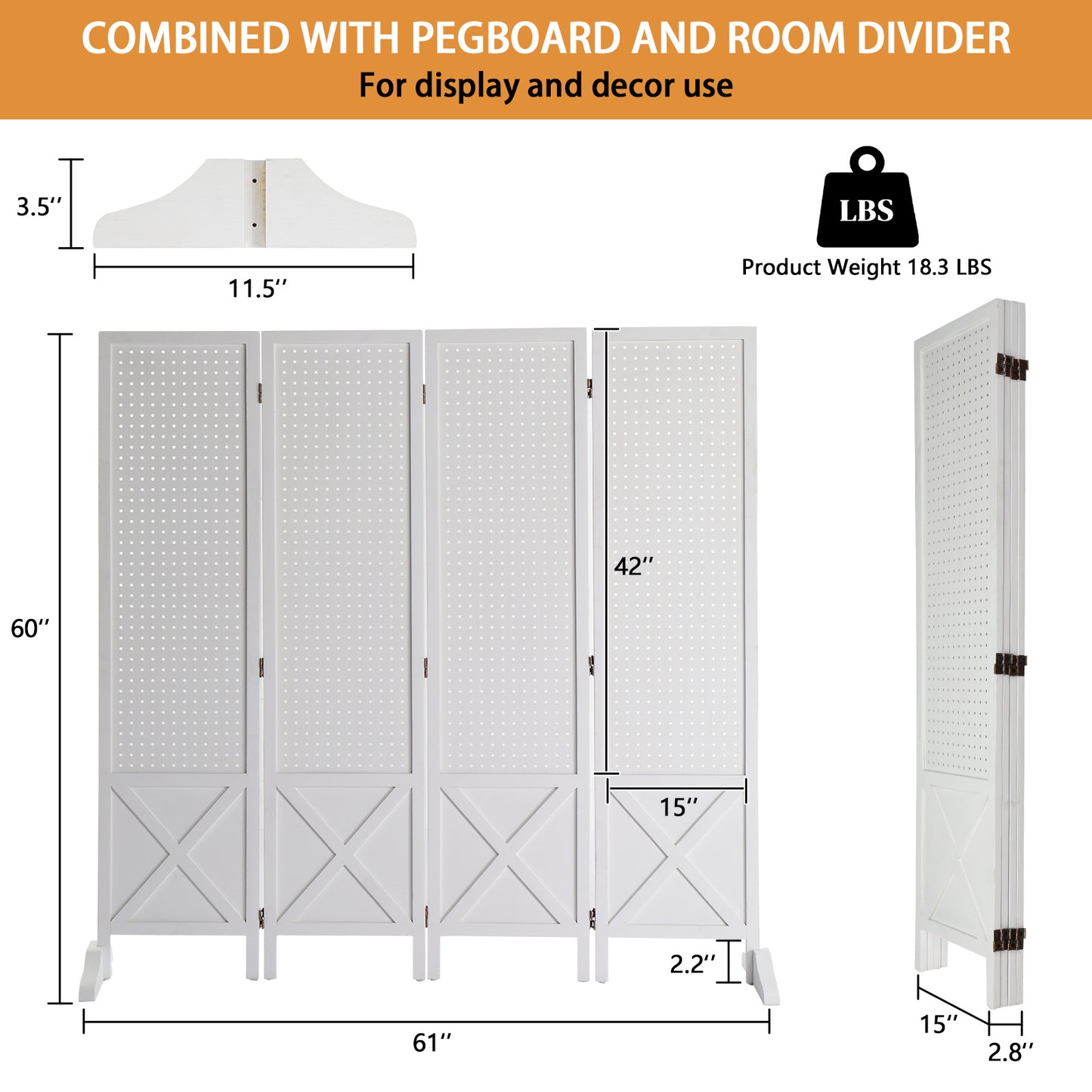 VINGLI 60''H Freestanding Pegboard, Wood Room Divider Display Board Organizer with Support Feet, Folding Privacy Screen Partition Space Separator for Craft Shows Events Retail